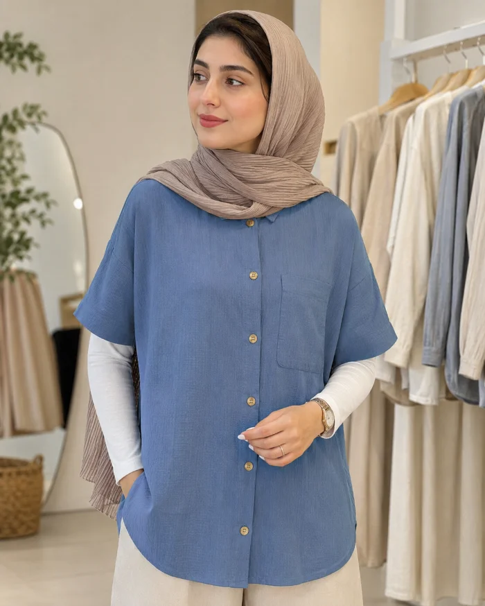 بلوز زنانه آبی آستین کوتاه